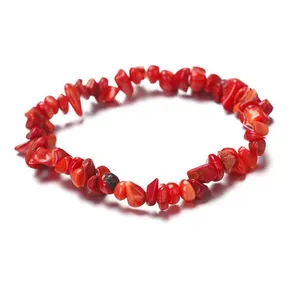 Handmade red natural stone chip bracelet with irregular crystal fragments for women.