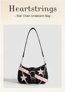 Sac d'épaule Y2K tendance avec étoiles, chaîne et bandoulière à œillets roses chic
