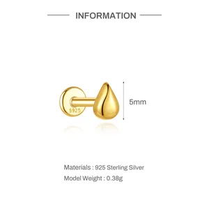 Detailed view of gold-plated teardrop flat back earring in 925 sterling silver