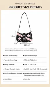 Tableau détaillé des tailles pour le sac à bandoulière Y2K décoré d'étoiles en noir