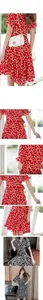 Detail shot of elegant floral A-line dress featuring V-neck and flared short sleeves