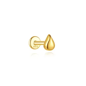 Detail of gold water drop labret stud earring with S925 hallmark on flat back