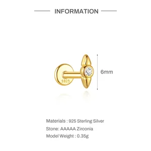 Macro view of gold-plated 925 sterling silver ear stud with AAAAA zirconia stone