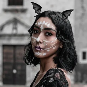 Detailansicht von Fledermausflügel-Haarspangen aus Leder für Halloween-Make-up.