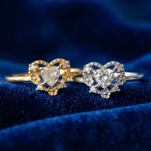18K Gold Plated Heart Ring Hollow Lace Heart Zirconia Inlaid Adjustable Finger Ring Romantic Jewelry For Women Gift