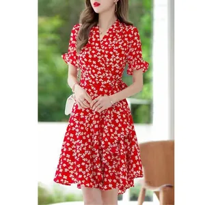 Women Floral Print V Neck Short Sleeve Midi Dress Summer Casual Vintage Flare Sleeve A-Line Waist Tie Slim Fit Elegant Sundress