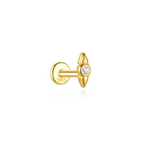 Close-up detail of the S925 sterling silver gold-plated labret stud featuring cubic zirconia