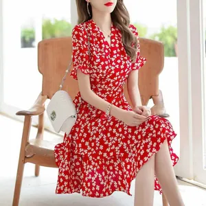 Elegant red floral A-line dress with short flared sleeves and V-neck for summer