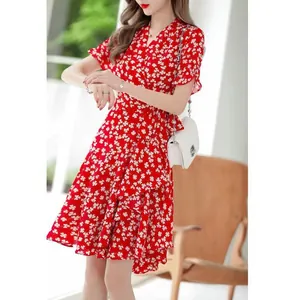 Elegant red V-neck floral A-line wrap dress with short flutter sleeves for summer