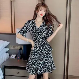 Elegant V-neck floral A-line dress with flare sleeves and slimming waist