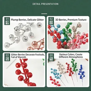 Glittering 12-head berry stems for Christmas decoration in various festive colors