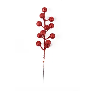 Decorative red glitter berry sprig with 12 heads for festive Christmas home decor