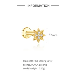 Detail of S925 sterling silver star cartilage stud with zirconia stones and flat back post.