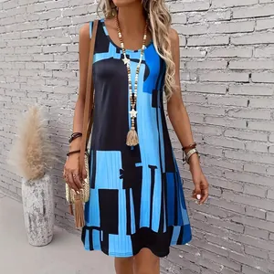 Robe d'été décontractée sans manches à col rond avec imprimé géométrique bleu
