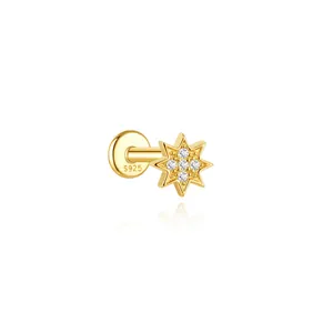 Macro view of gold S925 sterling silver eight-pointed star piercing stud jewelry