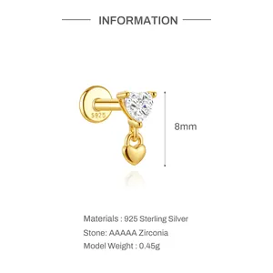 Detailed view of 925 sterling silver heart dangle earring with AAAAA zirconia stone