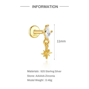 Detail view of S925 sterling silver star stud earring with stone and 11mm size specs