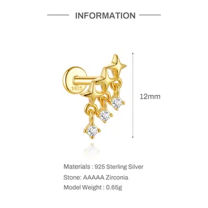 Detailed view of gold S925 star stud earring with zirconia tassels and 12mm height