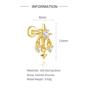 Technical details of S925 sterling silver star tassel ear stud with 11mm height