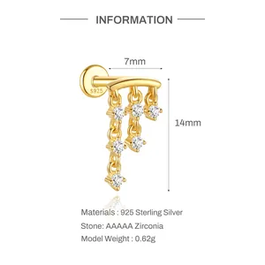Detailed view of S925 gold-plated sterling silver tassel earring with AAAAA zirconia stones.