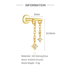 Detailed view of S925 sterling silver star tassel earring with measurements