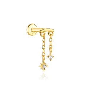 Detailed view of S925 gold tassel star earring with diamond accents and flat back