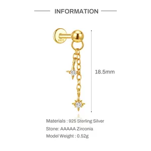 Detailed view of S925 gold-plated star dangle earring with 18.5mm length measurement