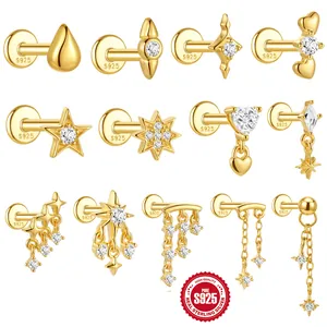 925 Sterling Silver Eight-Pointed Star Tassel Stud Earrings For Women Zirconia Gold Plated Piercing Helix Ear Bone Nail Jewelry