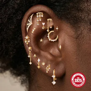 S925 sterling silver star and tassel ear studs set with shimmering zircon crystals