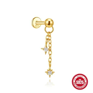 Elegant S925 sterling silver gold star tassel cartilage piercing stud with cubic zirconia