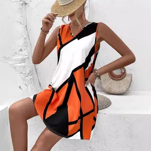 Sleeveless V-neck mini dress featuring a bold orange and black geometric pattern design