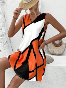 Sleeveless V-neck mini dress with bold orange and black geometric pattern print