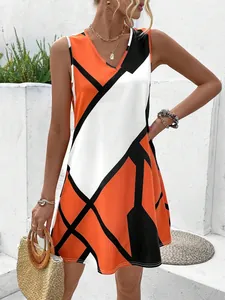 Women's sleeveless V-neck dress with vibrant orange and white geometric pattern