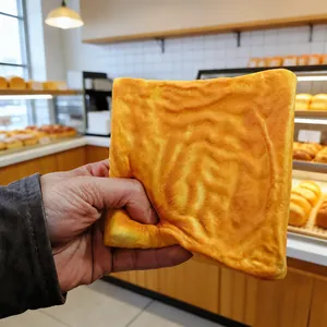 Close-up of a hand squeezing a toast squishy showing its soft slow rebound texture