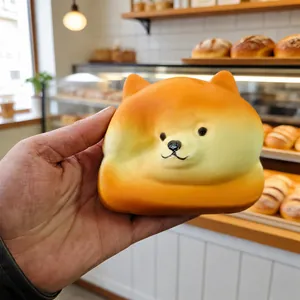 Macro detail of a cute Shiba Inu shaped slow rising squishy bread stress relief toy