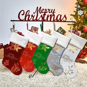 Set of 5 luxury velvet Christmas stockings with elegant gold Merry Christmas embroidery