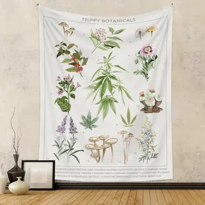 Vintage-Wandteppich mit botanischen Illustrationen von Heilpilzen und grünen Pflanzen