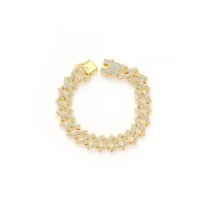Bracelet gourmette 15mm plaqué or avec strass brillants pour homme style hip hop