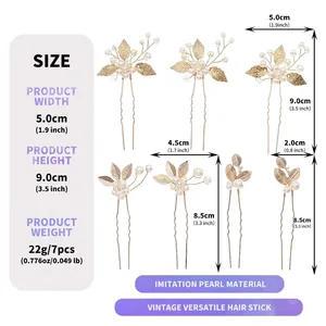 Dimensions and weight specifications for 7-piece set of gold leaf and pearl U-shaped hair pins