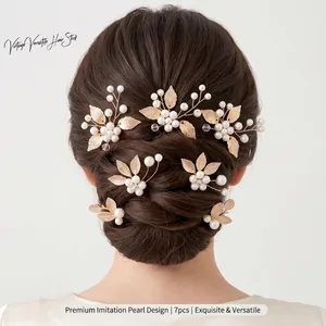 Vintage Gold Leaf Artificial Pearl Hair Pins Handmade Crystal U-Shaped Hairpin Bridal Wedding Headpiece For Women Jewelry
