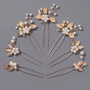 Forest style golden metal leaf and pearl U-shaped hairpin set for wedding accessories