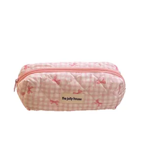 Pink and white checkered quilted pencil case with cute bow pattern and top zipper closure