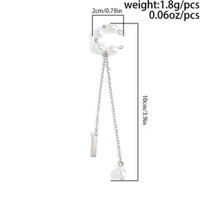Detail view of long tassel ear cuff with pearls and silver chain dimensions