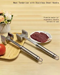 Detailed view of dual stainless steel meat tenderizers with ergonomic handles and spikes