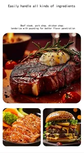 Juicy cooked beef steak and chicken chop processed with a professional meat tenderizer