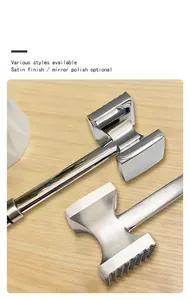 Close-up of stainless steel meat tenderizer mallet showing satin and mirror finishes