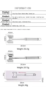 Detailed dimensions and specifications of stainless steel meat tenderizer with packaging