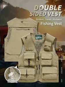 Close-up of functional outdoor vest with multi-pockets and breathable mesh lining