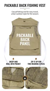 Detailed view of the storable back panel feature on a tan outdoor functional fishing vest