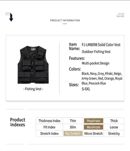 Product details of the outdoor multi-pocket fishing vest with size and color info.